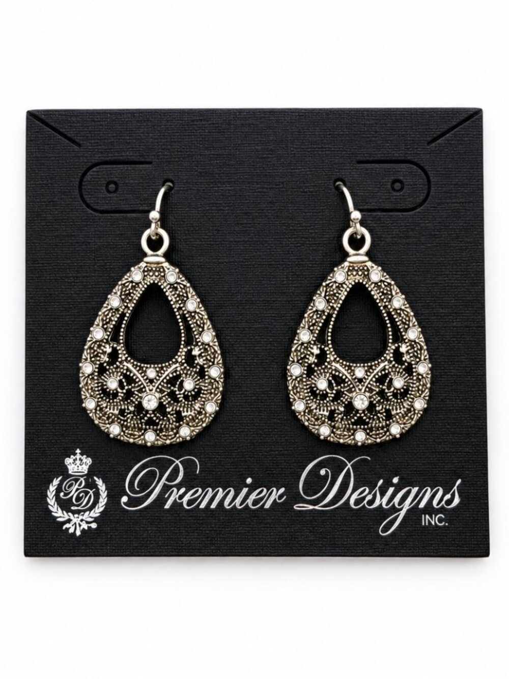 Premier Designs NWT Silver Tone Filigree Rhinestone Teardrop Earrings